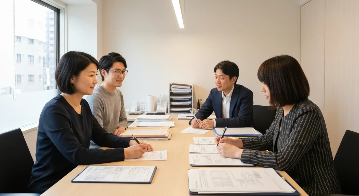目黒本町の事務所内で書類と資料を並べて相談準備をしている様子の写真